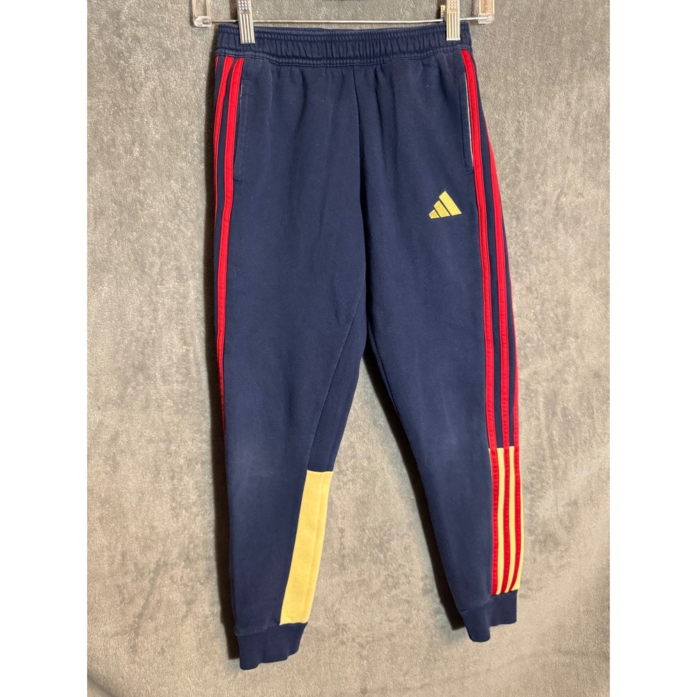 Adidas Boys Navy Blue Red Yellow Stripe Fleece Joggers Sweatpants Size S 9-10Y
